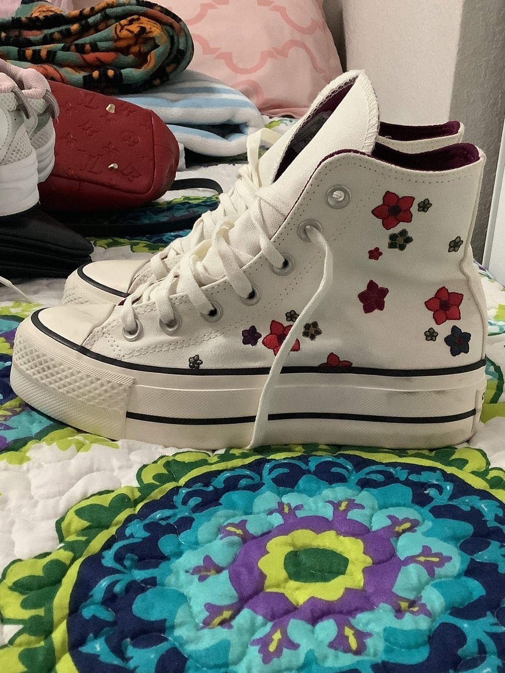High-Top Floral Platform Canvas Sneakers - White with Red & Purple Flowers